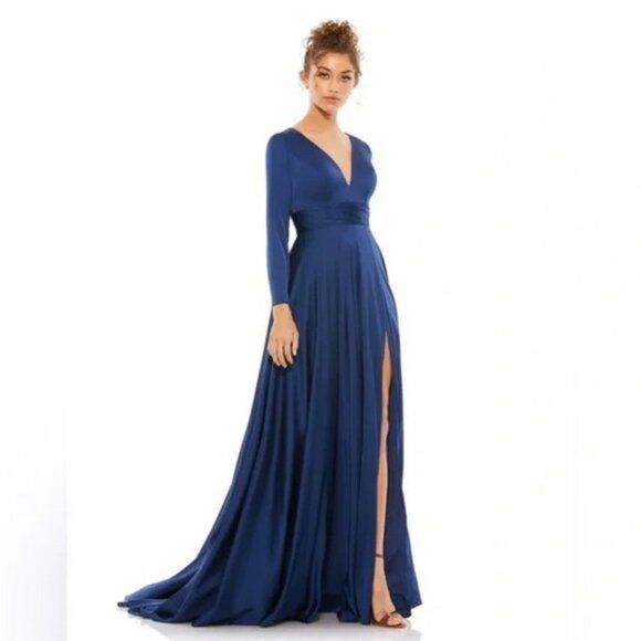 Mac Duggal Midnight Blue Long Sleeve Satin A-Line Gown Dress